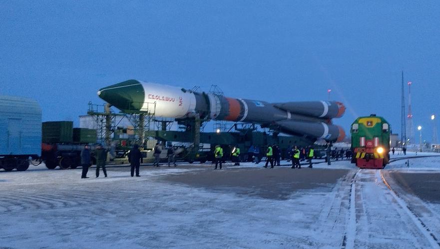 Soyuz rocket with Progress cargo ship installed at the Baikonur launch complex