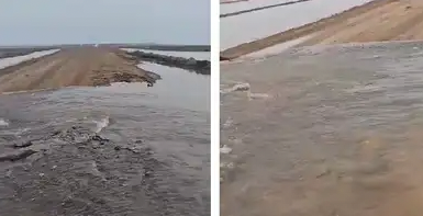 Талые воды подтопили дорогу в Актюбинской области