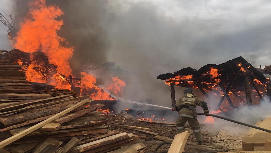 Крупный пожар разгорелся на территории пилорамы в Семее